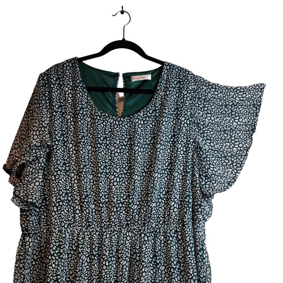 NEMIDOR WOMEN'S DRESS 24 LINED GREEN‎ WHITE BOHO FIT N FLARE SHORT BELL SLEEVE - Picture 4 of 8